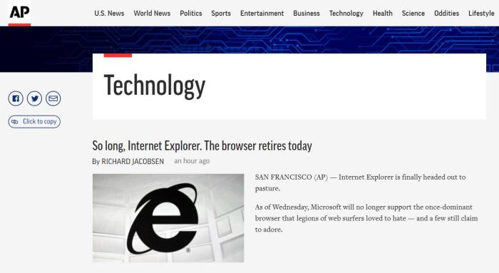 微软IE浏览器6月15日永久关闭