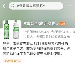 雪碧宣布永久放弃标志性绿瓶，改用透明瓶